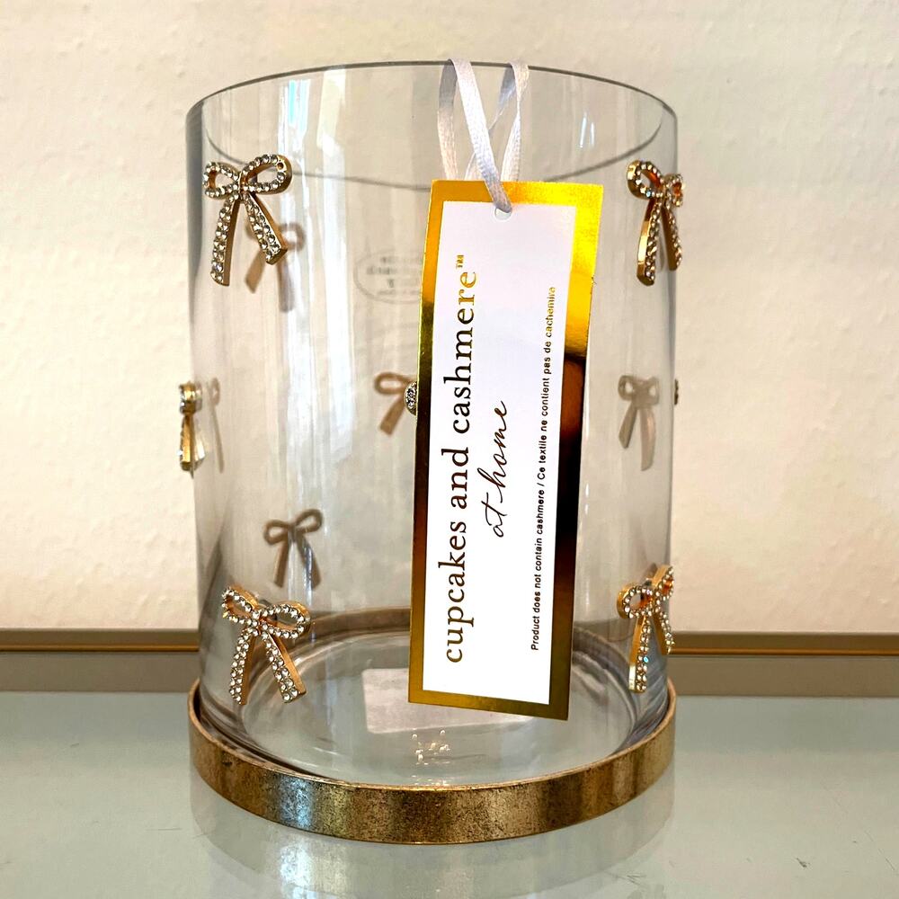 Cupcakes & Cashmere GOLD RHINESTONE BOW Glass Hurricane Vase